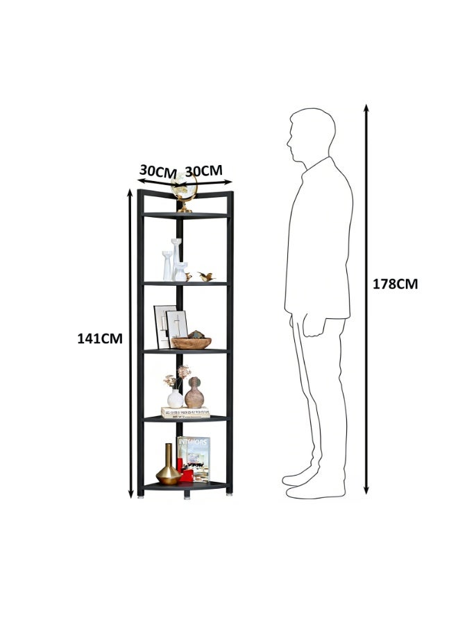 YY-ريشير رفوف عرض زاوية من 5 طبقات، رفوف تخزين، رف كتب بإطار معدني بطول 141 سم للمطبخ وغرفة المعيشة والحمام - Image 4